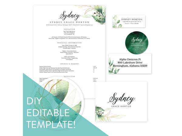 Digital DIY Golden Greenery Sorority Packet