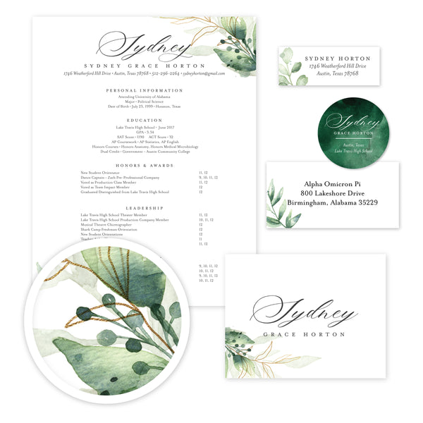 Golden Greenery sorority packet design overview shown in Black