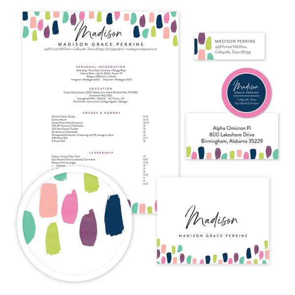 Paint Strokes sorority packet design overview shown in Eggplant & Black