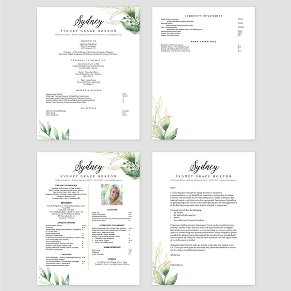 From top left (clockwise) 1st page of multi-page resume, 2nd page of multi-page resume, Single-page resume, Cover letter