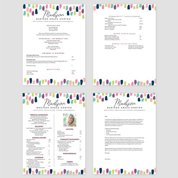 From top left (clockwise) 1st page of multi-page resume, 2nd page of multi-page resume, Single-page resume, Cover letter