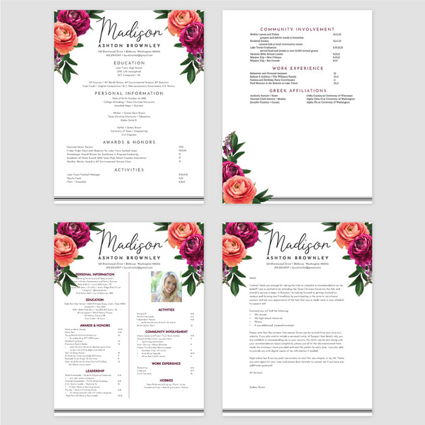 From top left (clockwise) 1st page of multi-page resume, 2nd page of multi-page resume, Single-page resume, Cover letter