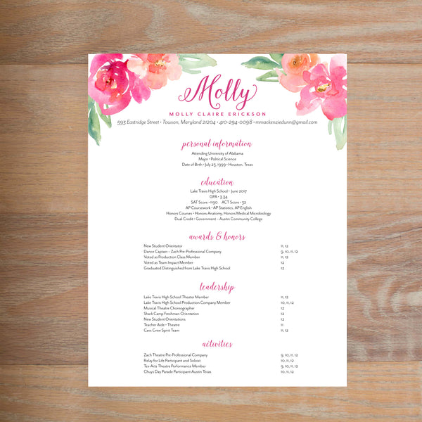 Cheerful Garden resume shown with full formatting