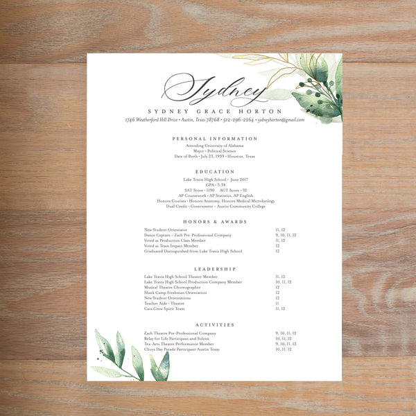Golden Greenery sorority resume shown with full formatting