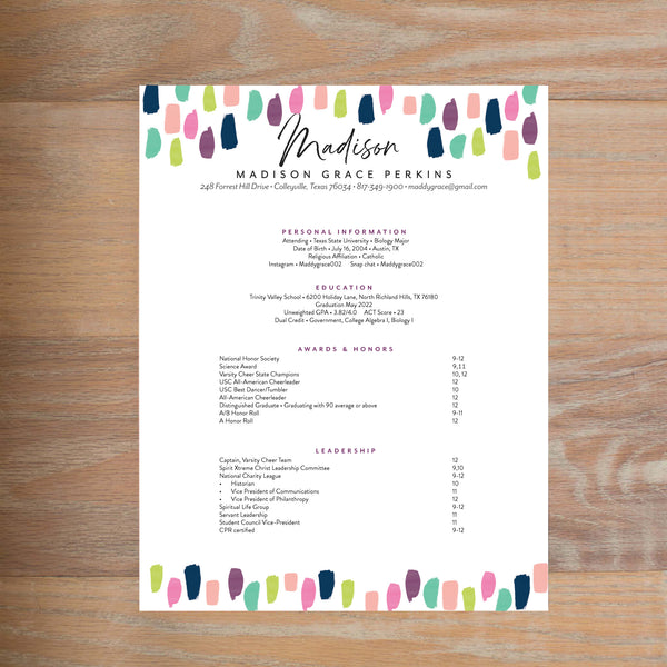 Paint Strokes sorority resume shown with full formatting