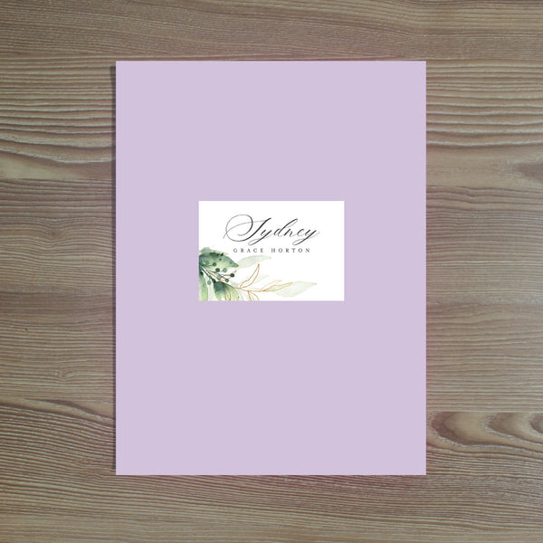 Golden Greenery folder sticker shown in black on Plum pocket folder