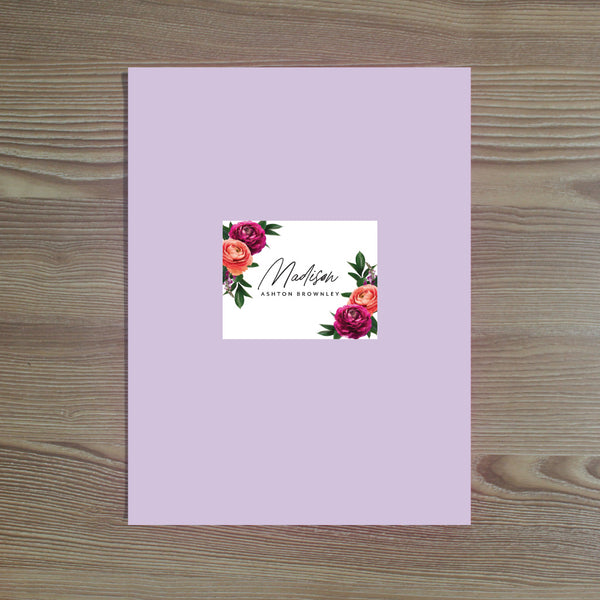 Petals folder sticker shown in black on Plum pocket folder