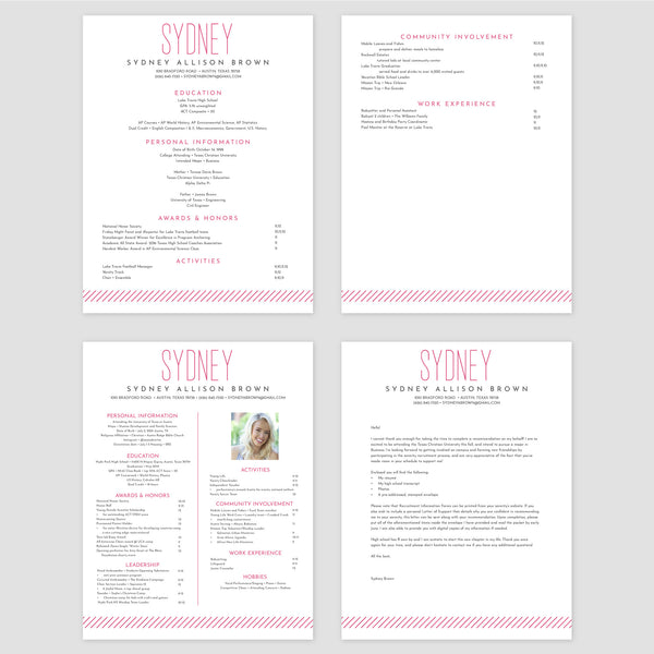 From top left (clockwise) 1st page of multi-page resume, 2nd page of multi-page resume, Single-page resume, Cover letter