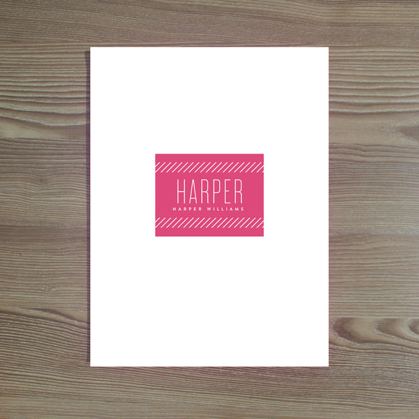 Big Name folder sticker shown in Peony on White pocket folder