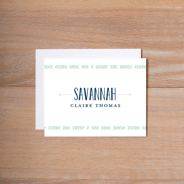 Boho Chic personal note card shown in Green Tea & Night