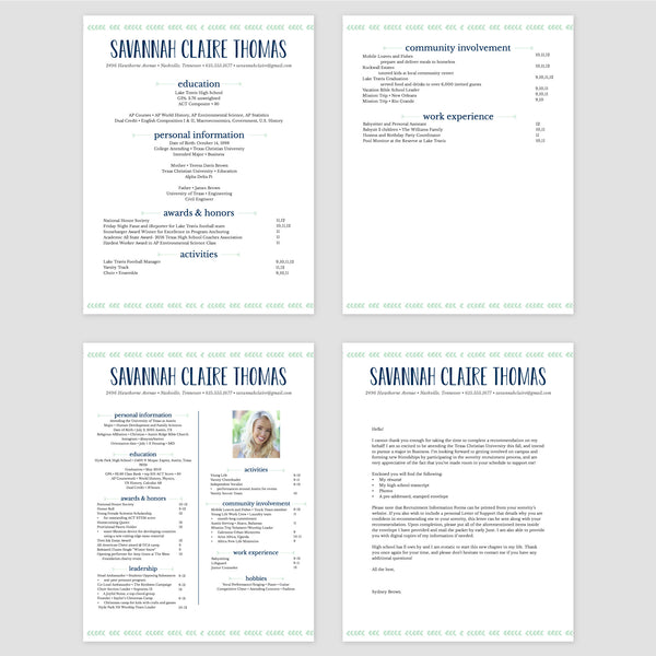 From top left (clockwise) 1st page of multi-page resume, 2nd page of multi-page resume, Single-page resume, Cover letter