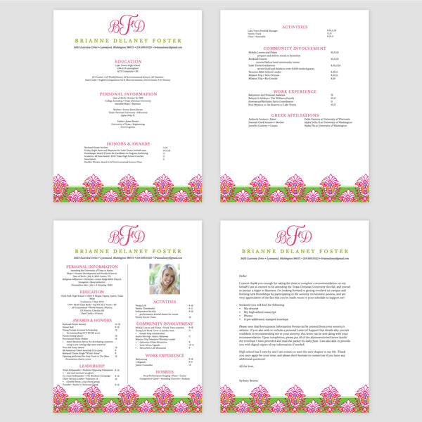 From top left (clockwise) 1st page of multi-page resume, 2nd page of multi-page resume, Single-page resume, Cover letter