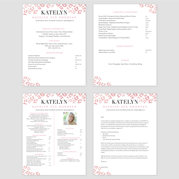 From top left (clockwise) 1st page of multi-page resume, 2nd page of multi-page resume, Single-page resume, Cover letter