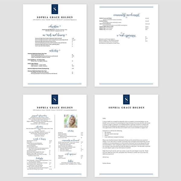 From top left (clockwise) 1st page of multi-page resume, 2nd page of multi-page resume, Single-page resume, Cover letter