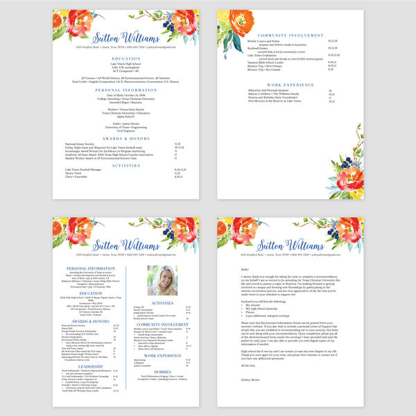 From top left (clockwise) 1st page of multi-page resume, 2nd page of multi-page resume, Single-page resume, Cover letter