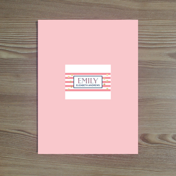Confetti Stripes Personalized Folder Stickers shown in Night & Flamingo