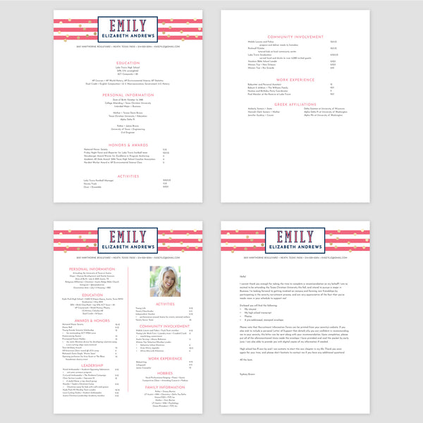 From top left (clockwise) 1st page of multi-page resume, 2nd page of multi-page resume, Single-page resume, Cover letter