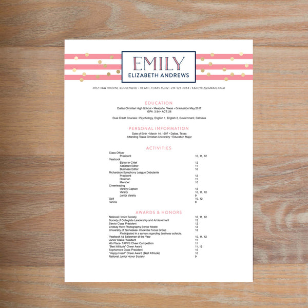 Confetti Stripes resume shown with full formatting