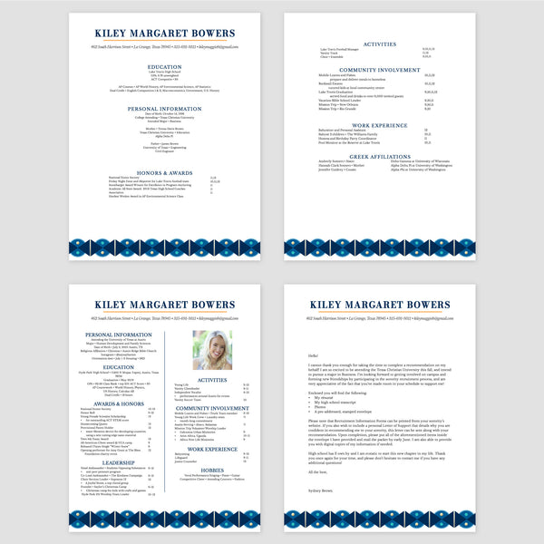 From top left (clockwise) 1st page of multi-page resume, 2nd page of multi-page resume, Single-page resume, Cover letter
