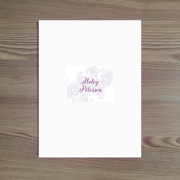 Delicate Lace Personalized Folder Sticker shown in Grape & Plum