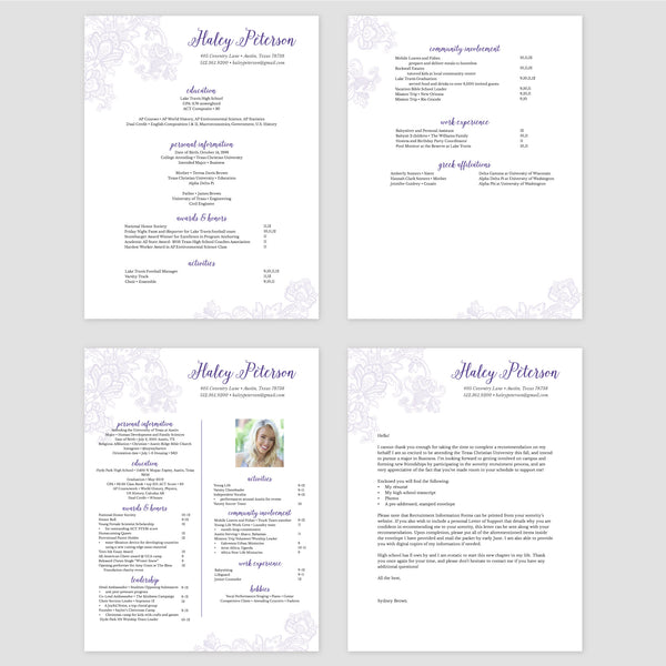 From top left (clockwise) 1st page of multi-page resume, 2nd page of multi-page resume, Single-page resume, Cover letter