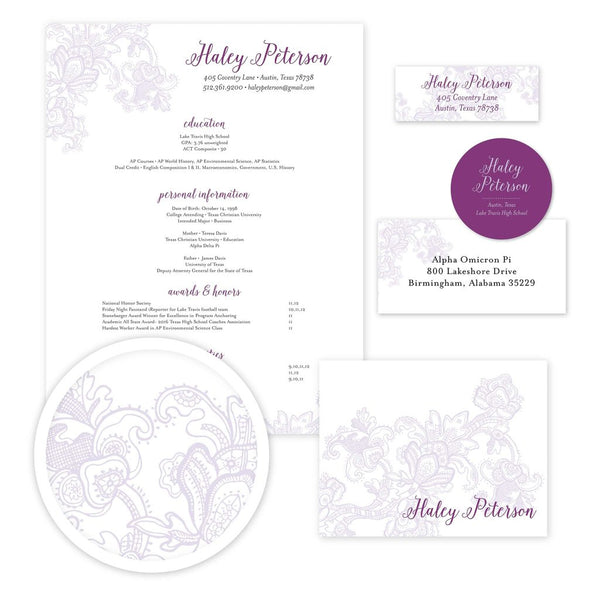 Delicate Lace Sorority Packet shown in Grape & Plum