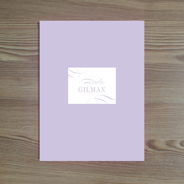 Elegant Script folder sticker shown in Plum on Plum pocket folder