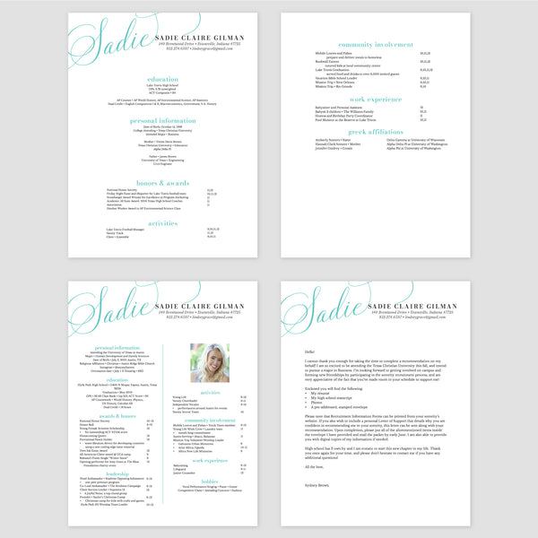 From top left (clockwise) 1st page of multi-page resume, 2nd page of multi-page resume, Single-page resume, Cover letter