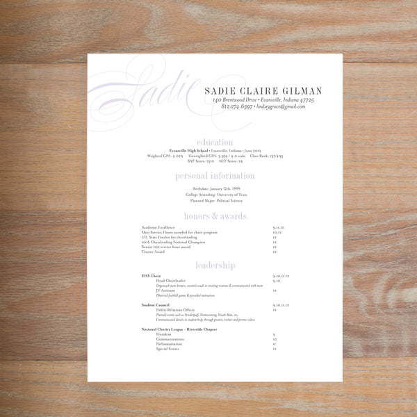 Elegant Script sorority resume shown with full formatting