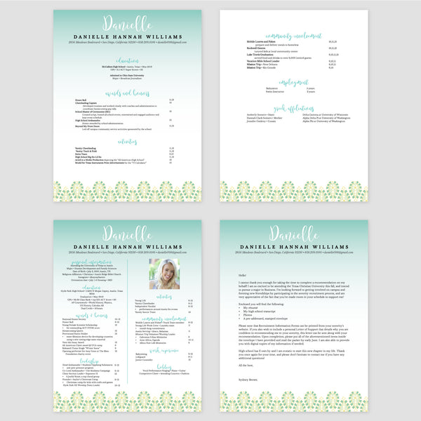 From top left (clockwise) 1st page of multi-page resume, 2nd page of multi-page resume, Single-page resume, Cover letter