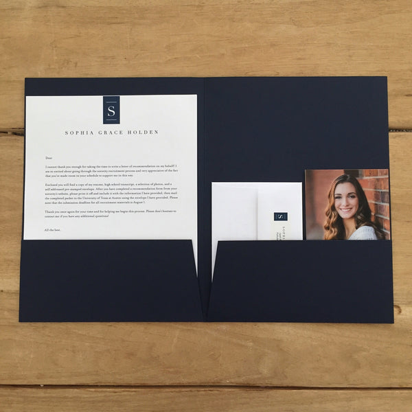 Night pocket folder holding contents of a sorority packet