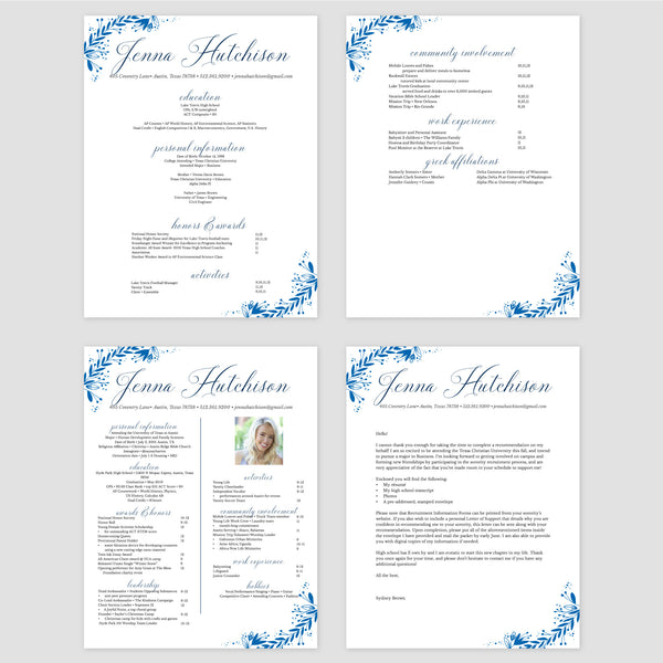 From top left (clockwise) 1st page of multi-page resume, 2nd page of multi-page resume, Single-page resume, Cover letter