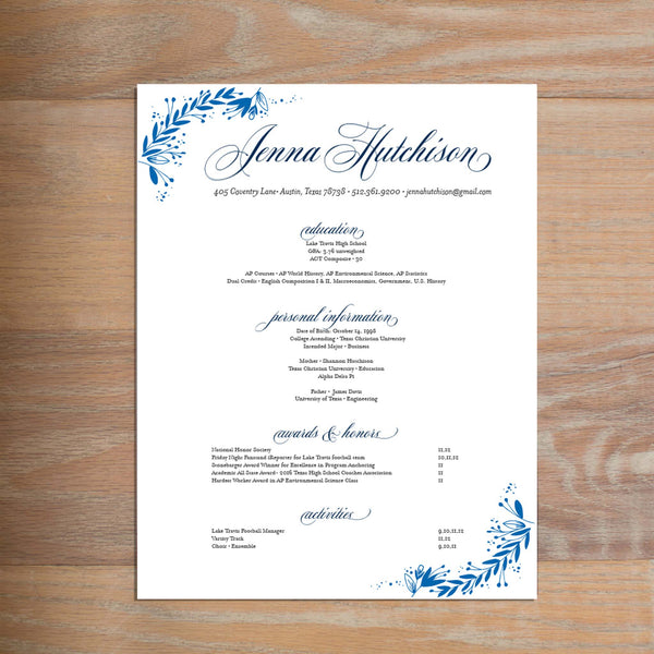 Garden Branches resume shown with full formatting