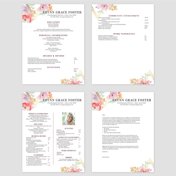 From top left (clockwise) 1st page of multi-page resume, 2nd page of multi-page resume, Single-page resume, Cover letter