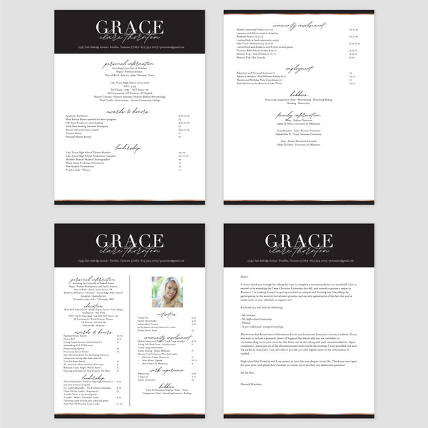 From top left (clockwise) 1st page of multi-page resume, 2nd page of multi-page resume, Single-page resume, Cover letter
