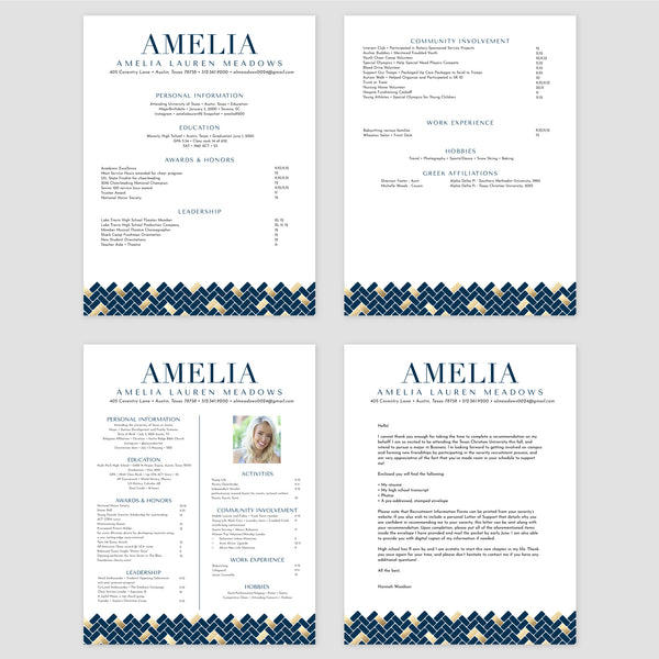 From top left (clockwise) 1st page of multi-page resume, 2nd page of multi-page resume, Single-page resume, Cover letter