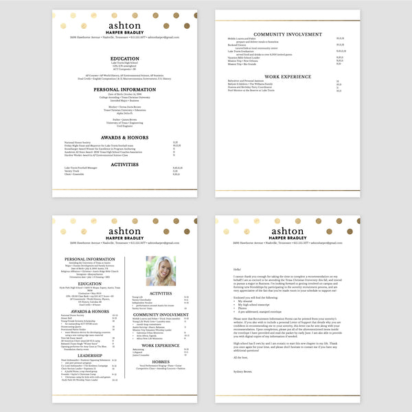 From top left (clockwise) 1st page of multi-page resume, 2nd page of multi-page resume, Single-page resume, Cover letter