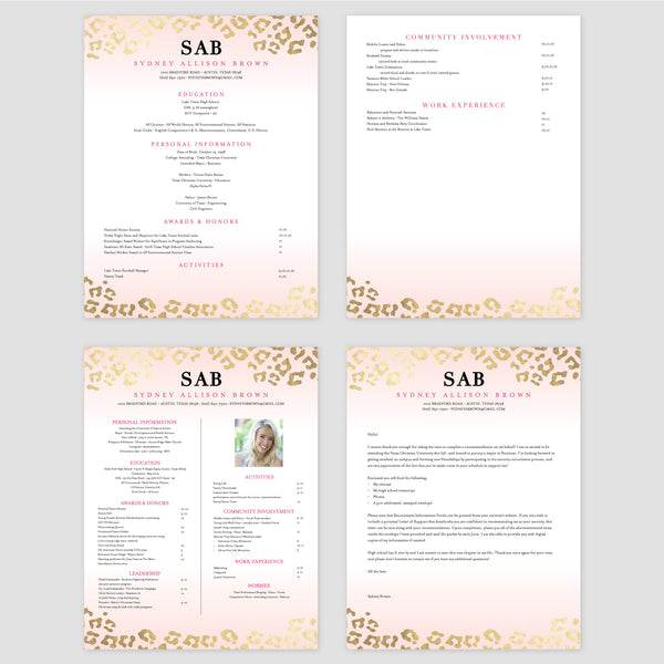 From top left (clockwise) 1st page of multi-page resume, 2nd page of multi-page resume, Single-page resume, Cover letter
