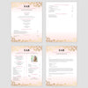 From top left (clockwise) 1st page of multi-page resume, 2nd page of multi-page resume, Single-page resume, Cover letter