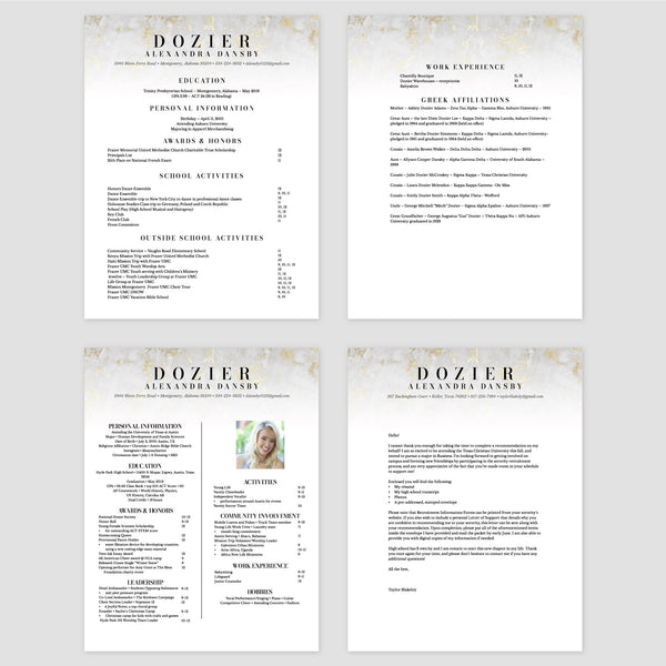 From top left (clockwise) 1st page of multi-page resume, 2nd page of multi-page resume, Single-page resume, Cover letter