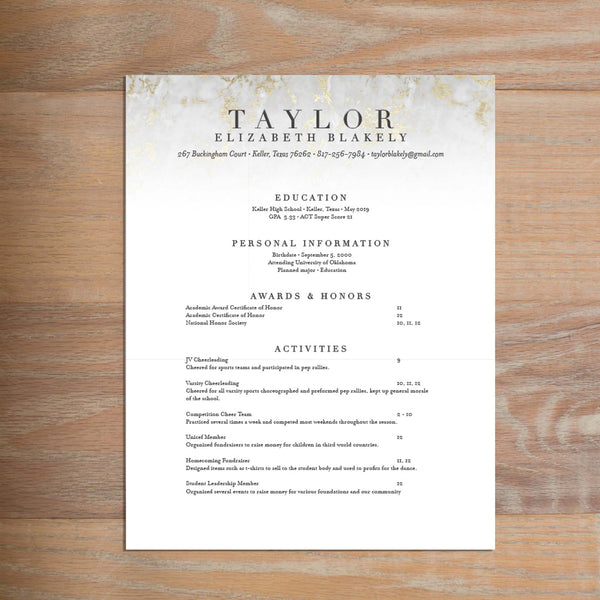 Golden Marble resume shown with full formatting