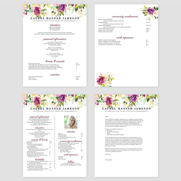From top left (clockwise) 1st page of multi-page resume, 2nd page of multi-page resume, Single-page resume, Cover letter