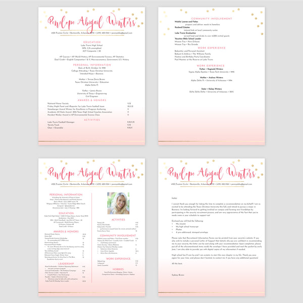 From top left (clockwise) 1st page of multi-page resume, 2nd page of multi-page resume, Single-page resume, Cover letter