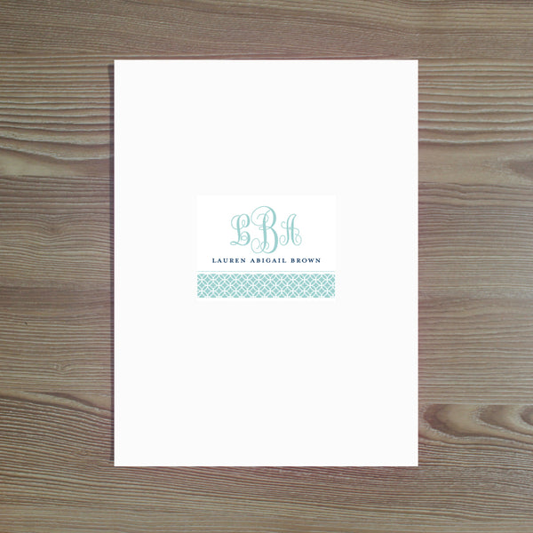 Lattice Monogram folder sticker shown in Pool & Night on White pocket folder