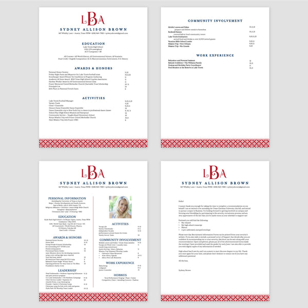 From top left (clockwise) 1st page of multi-page resume, 2nd page of multi-page resume, Single-page resume, Cover letter