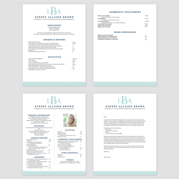 From top left (clockwise) 1st page of multi-page resume, 2nd page of multi-page resume, Single-page resume, Cover letter