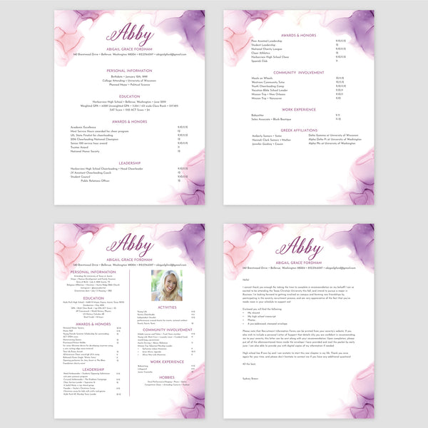 From top left (clockwise) 1st page of multi-page resume, 2nd page of multi-page resume, Single-page resume, Cover letter