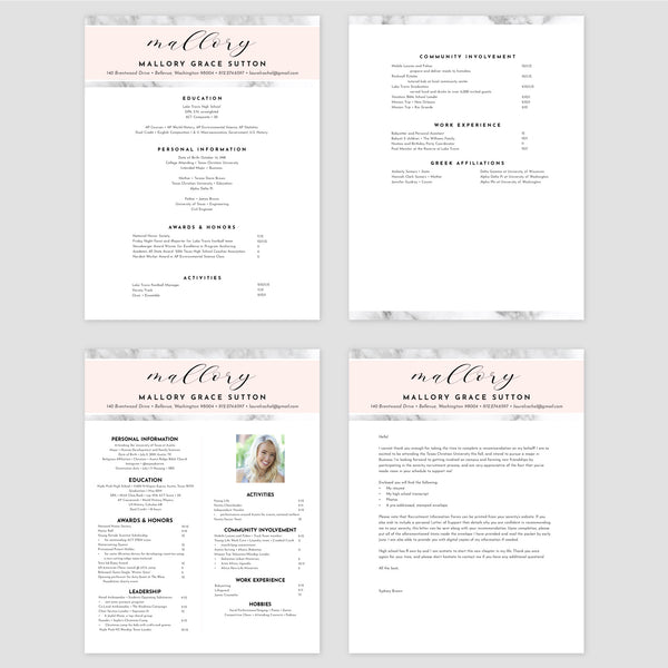 From top left (clockwise) 1st page of multi-page resume, 2nd page of multi-page resume, Single-page resume, Cover letter