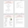 From top left (clockwise) 1st page of multi-page resume, 2nd page of multi-page resume, Single-page resume, Cover letter