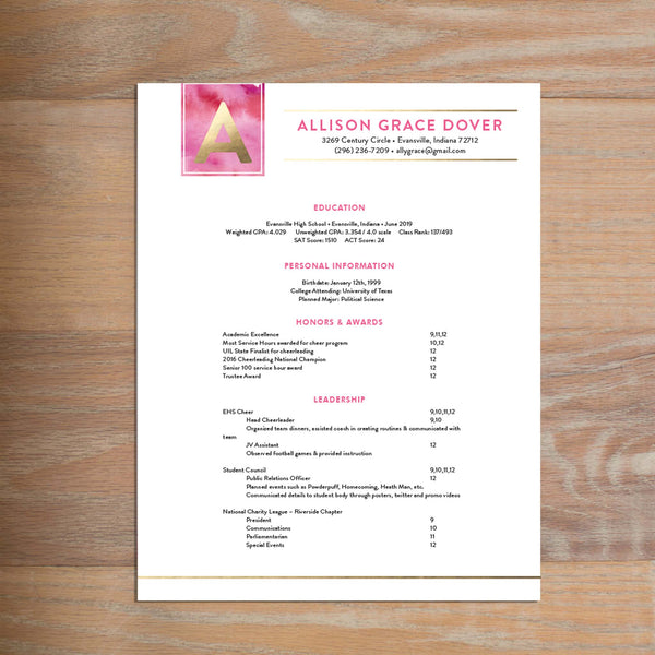 Modern Watercolor social resume letterhead with full formatting shown in Peony